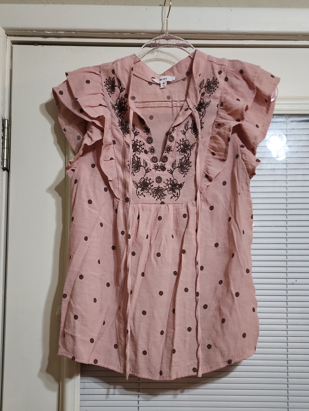 mine Pink Polka Dot Embroidered Ruffle Sleeve Blouse